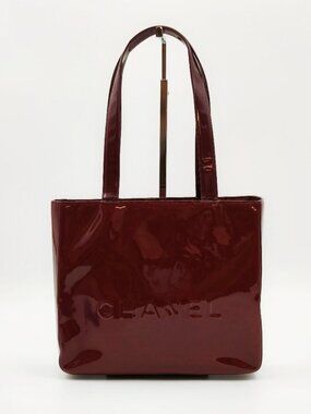 CHANEL Vintage Patent Leather Tote Bag Burgundy CC Logo Shoulder Bag Authentic